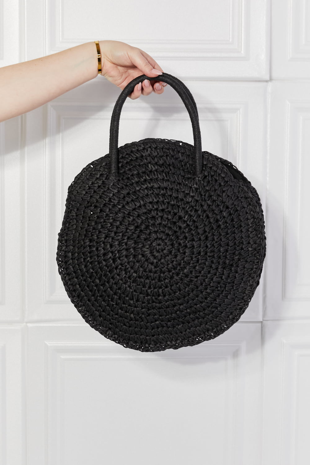 Black rattan straw handbag