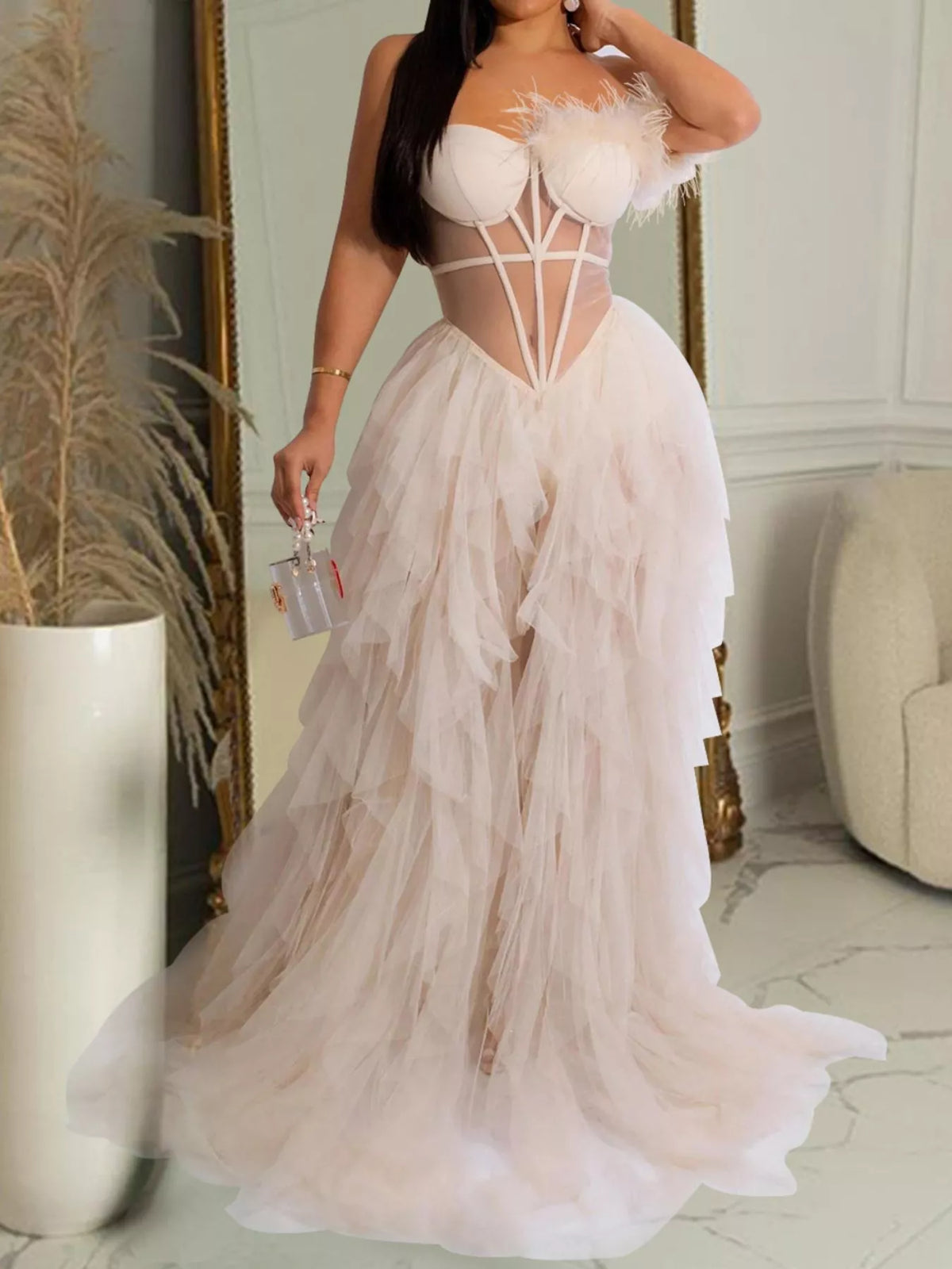 Feather corset tulle gown – blush pink