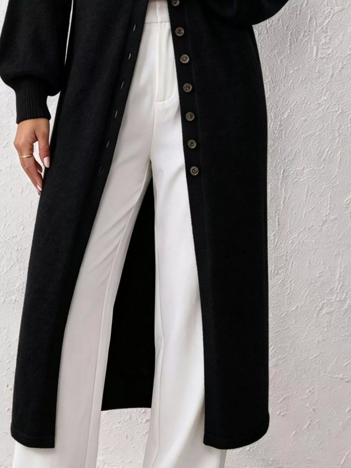Elegant longline button-front cardigan with lantern sleeves