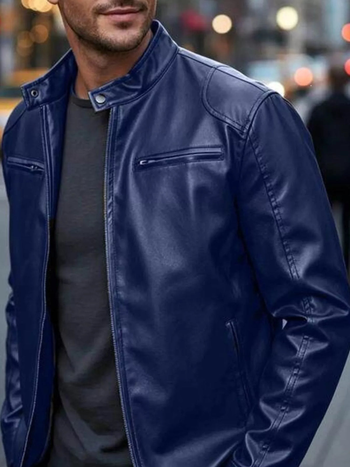Faux leather bomber jacket with zipper pockets, Dark Blue