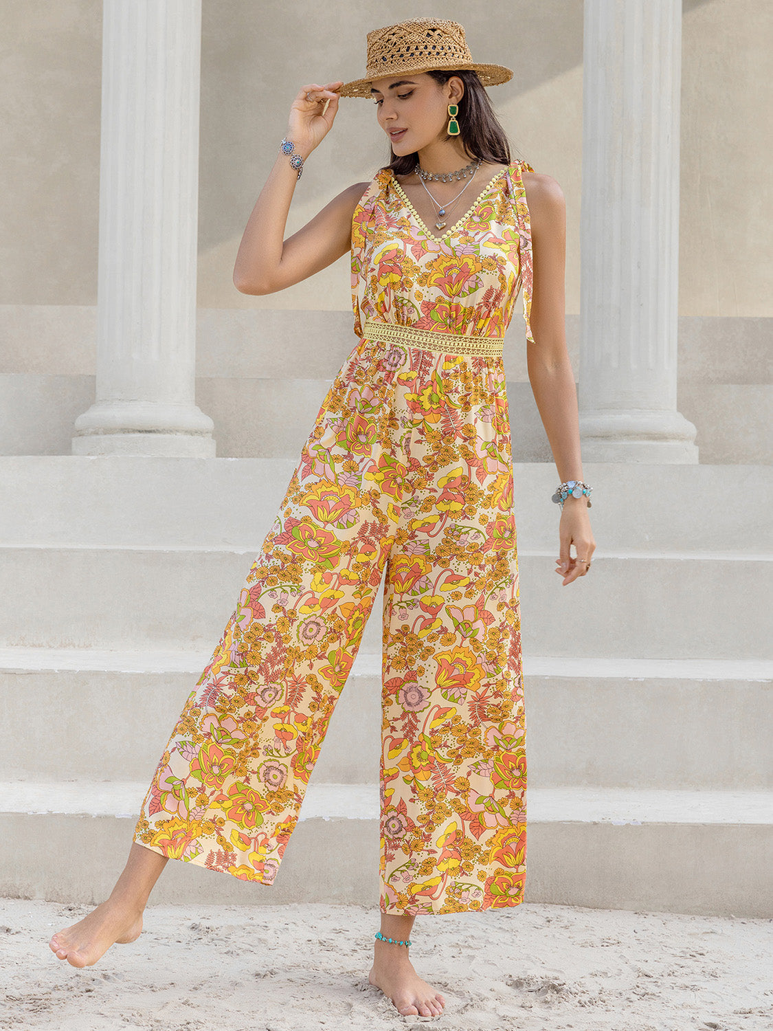 Printed V-Neck Tie Shoulder Jumpsuit