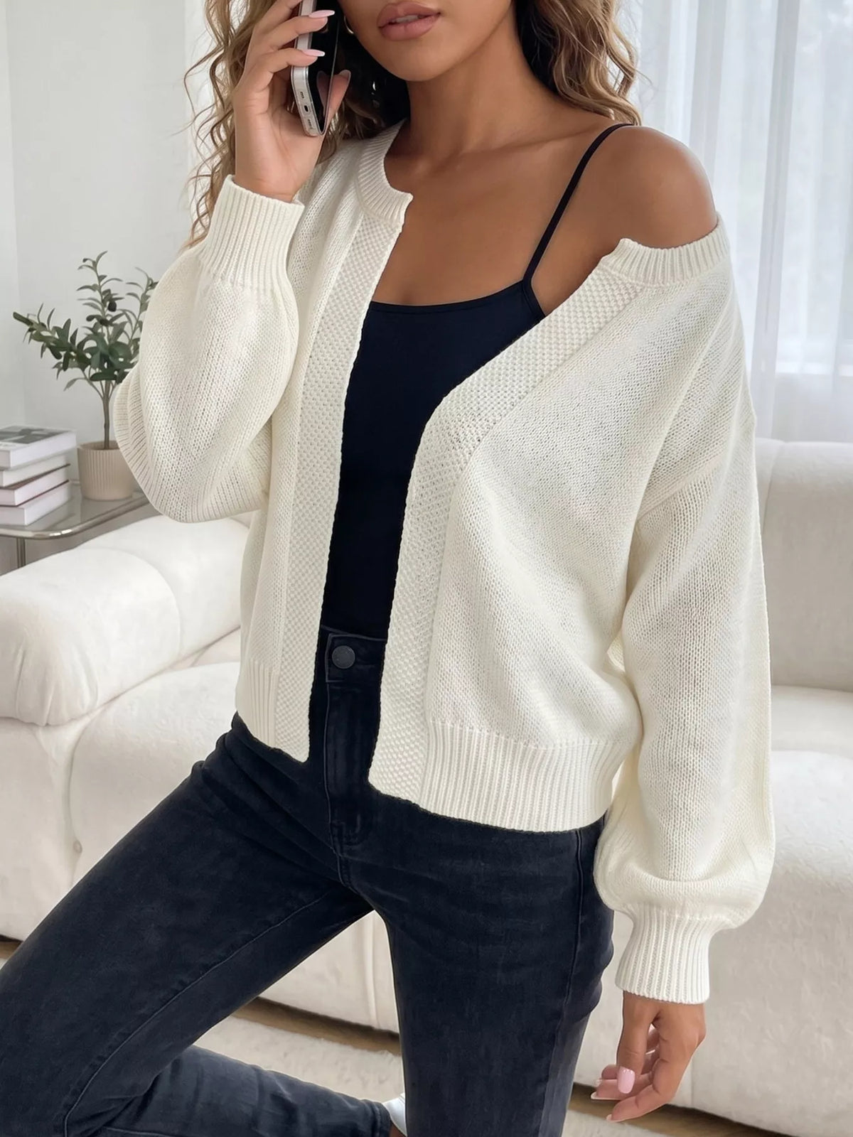Casual open-front knit cardigan with ribbed trim