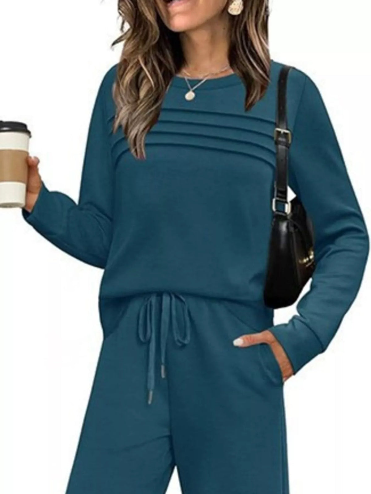 Long sleeve round neck top and pants set