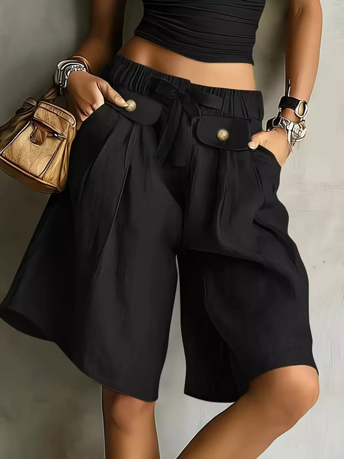 High-waist drawstring shorts – black