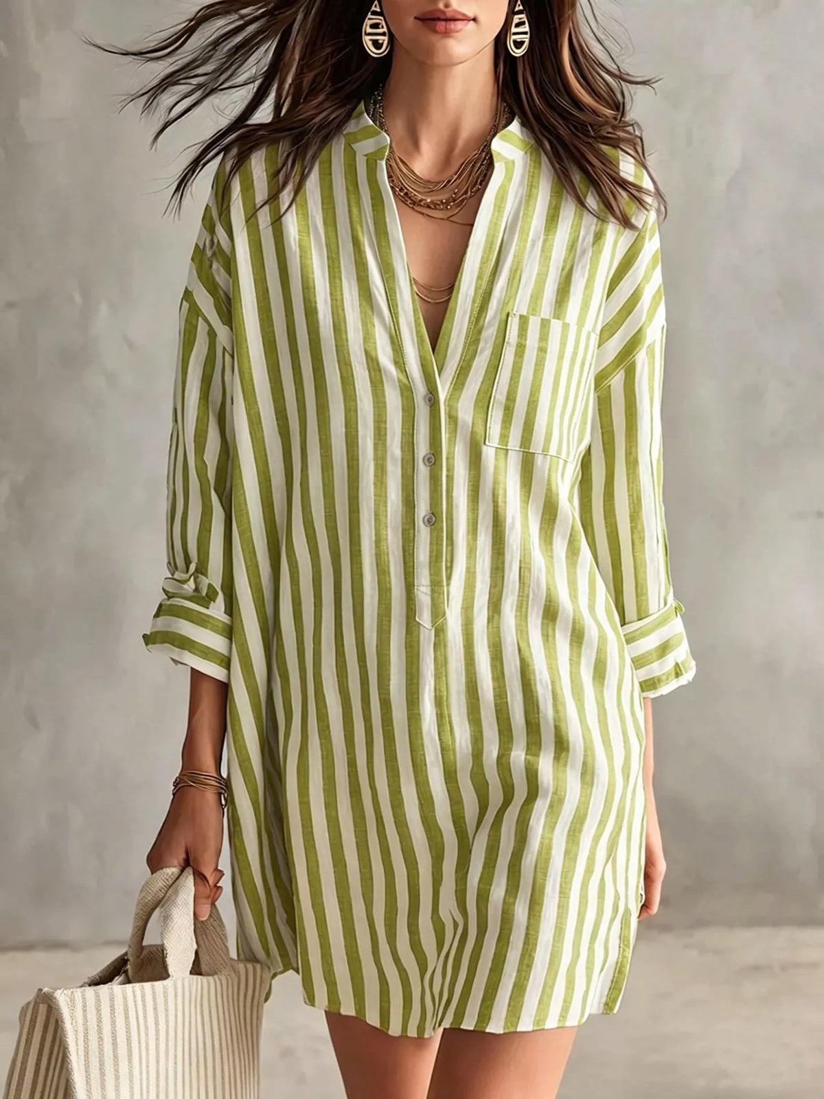 Striped mini shirt dress – green