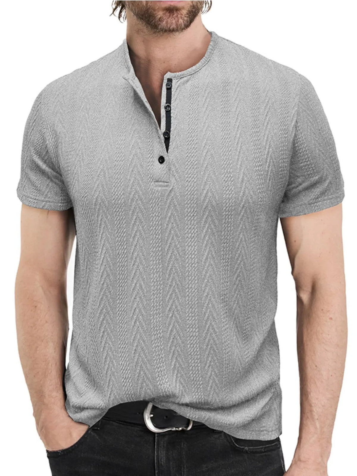 Textured chevron pattern henley polo shirt, Dark Gray