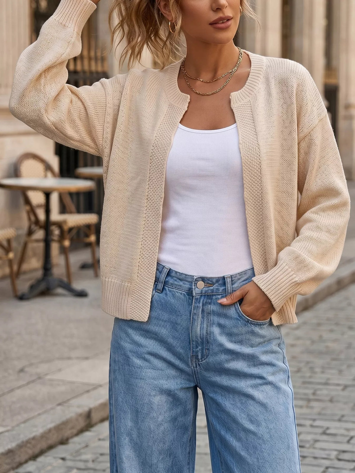 Casual open-front knit cardigan with ribbed trim