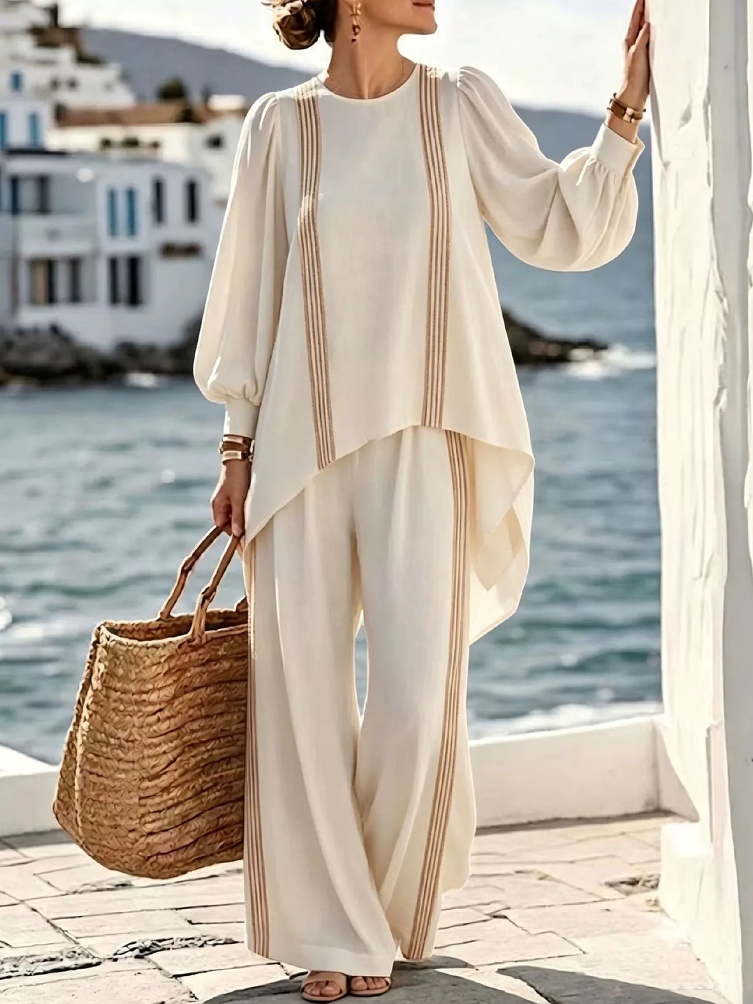 Striped round neck top and pants set, Dust Storm