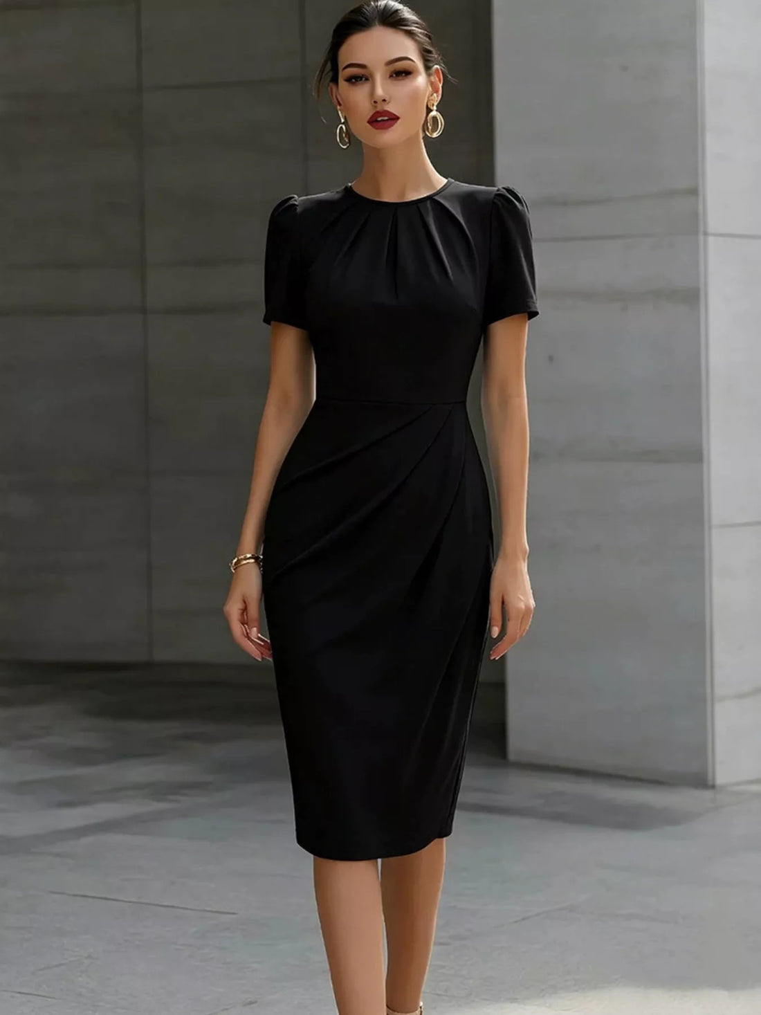 Ruched short-sleeve midi dress – black