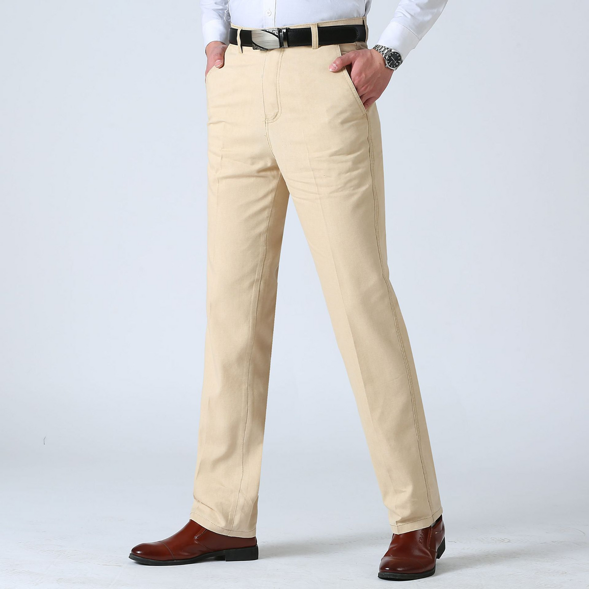 Flat front straight trousers, Beige, front