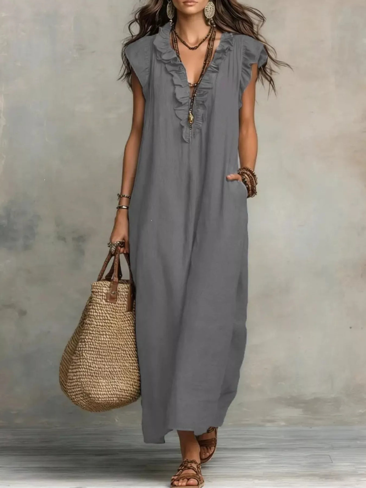Ruffled cap-sleeve maxi dress – gray