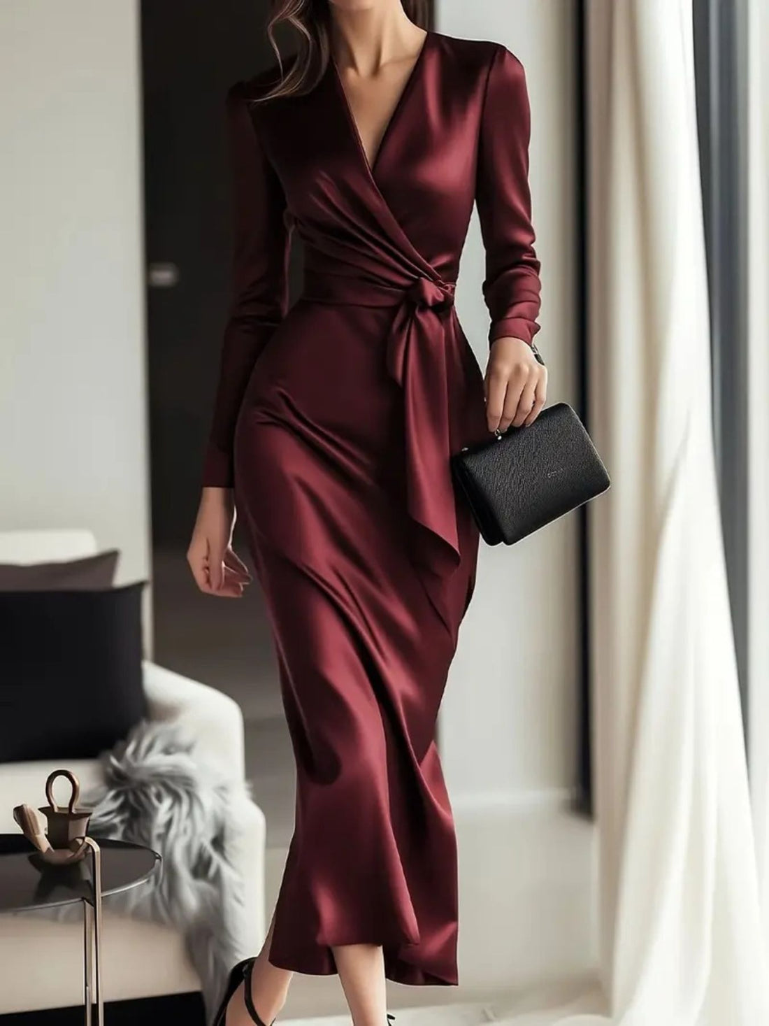 Satin tie-waist dress – burgundy
