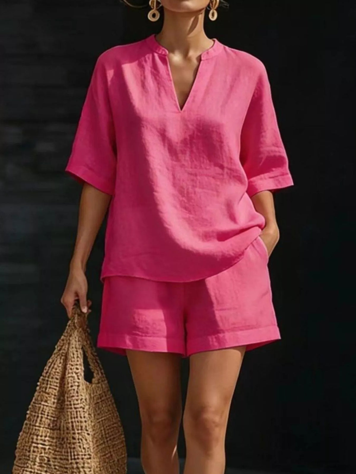 Notched top and shorts set – fuchsia pink