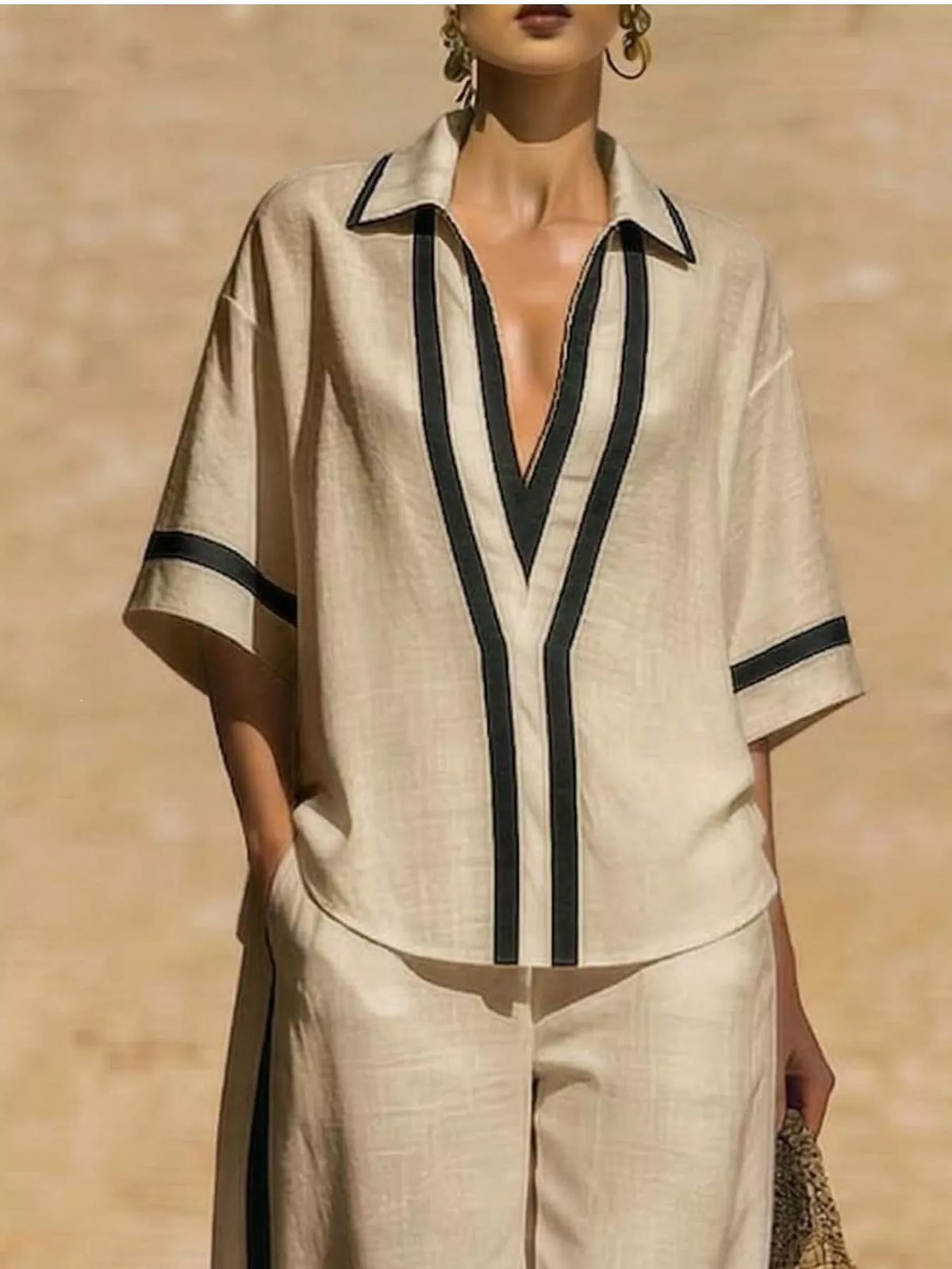 Contrast-trim top and pants set