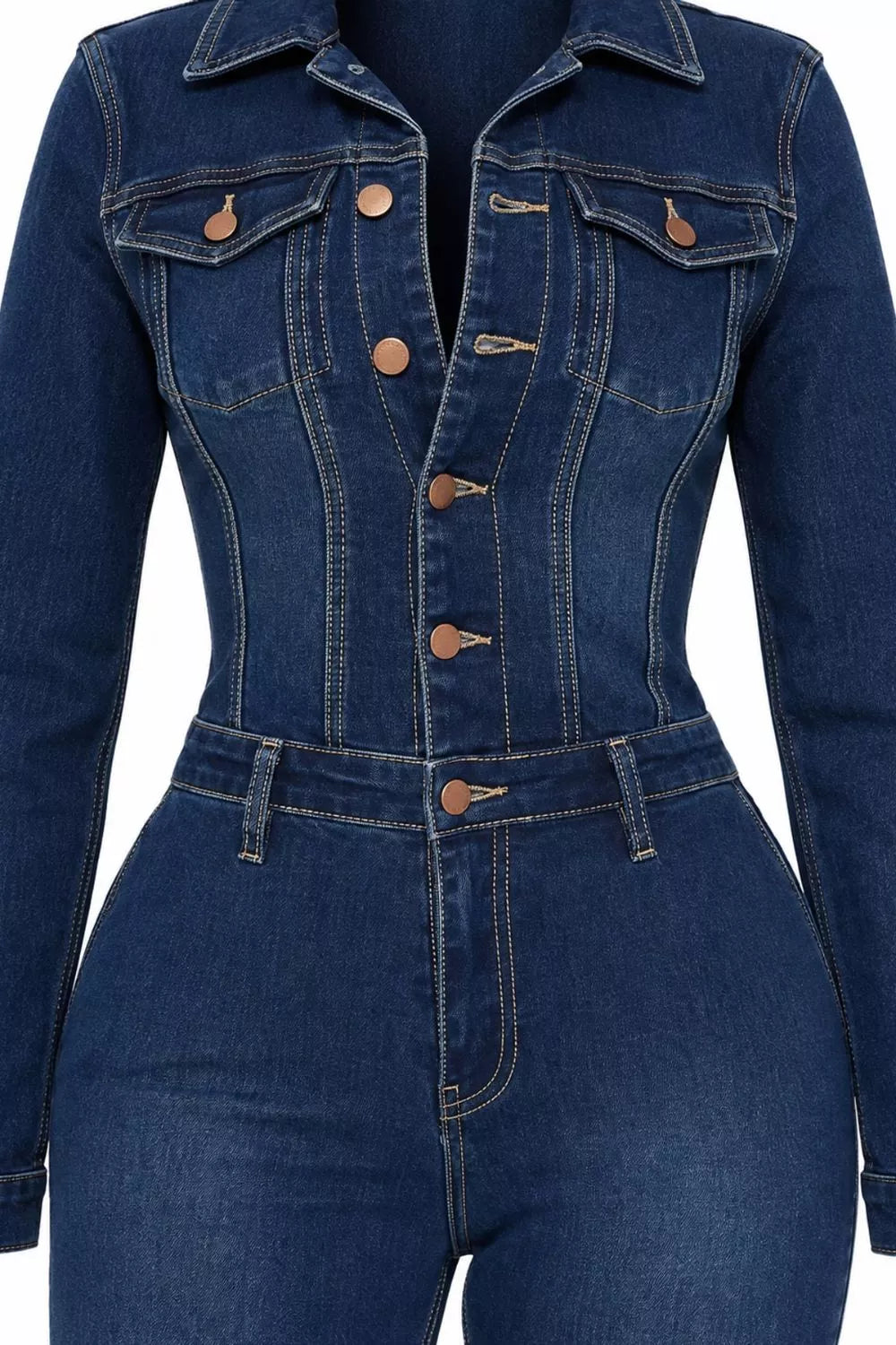 Flared denim jumpsuit, detail