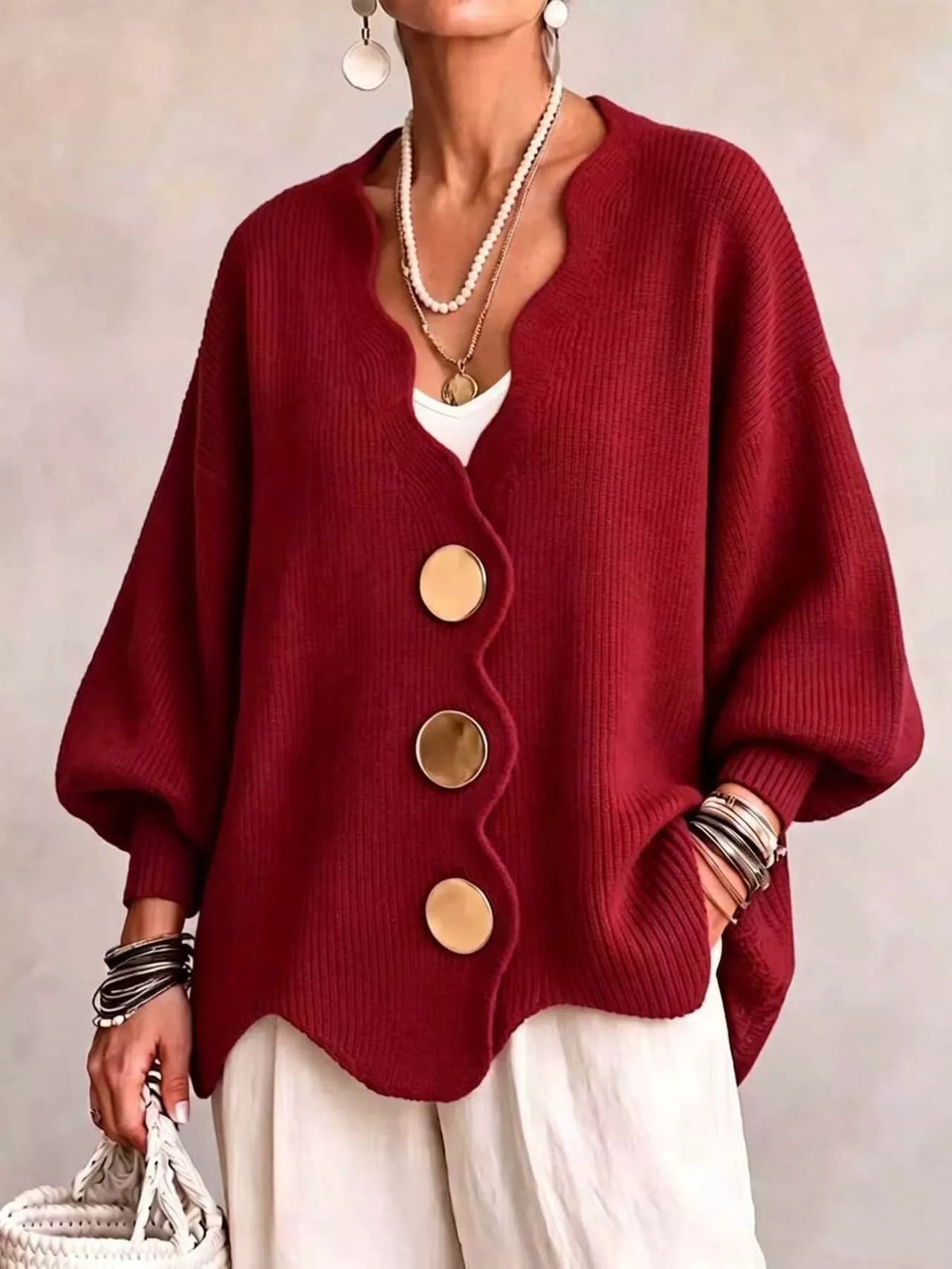 Scalloped edge oversized button down cardigan, Red
