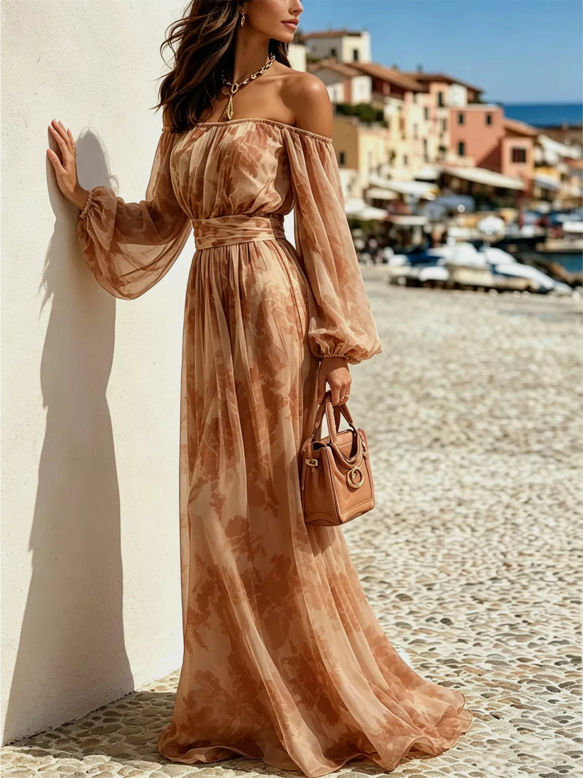 Off-shoulder balloon-sleeve maxi dress