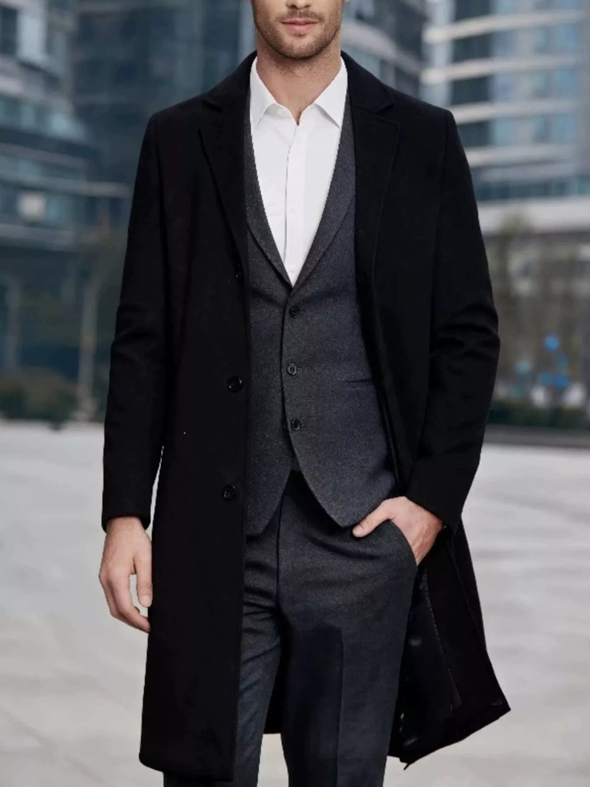 Slim-fit lapel collar overcoat, Black