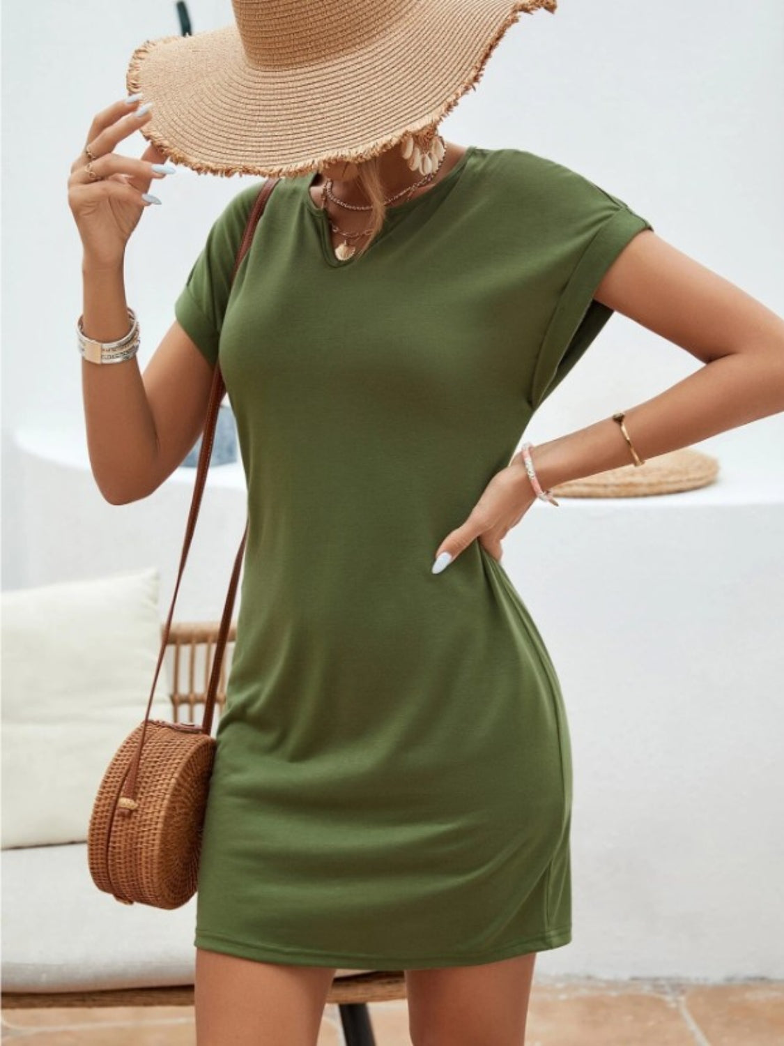 Notched Short Sleeve Mini Tee Dress