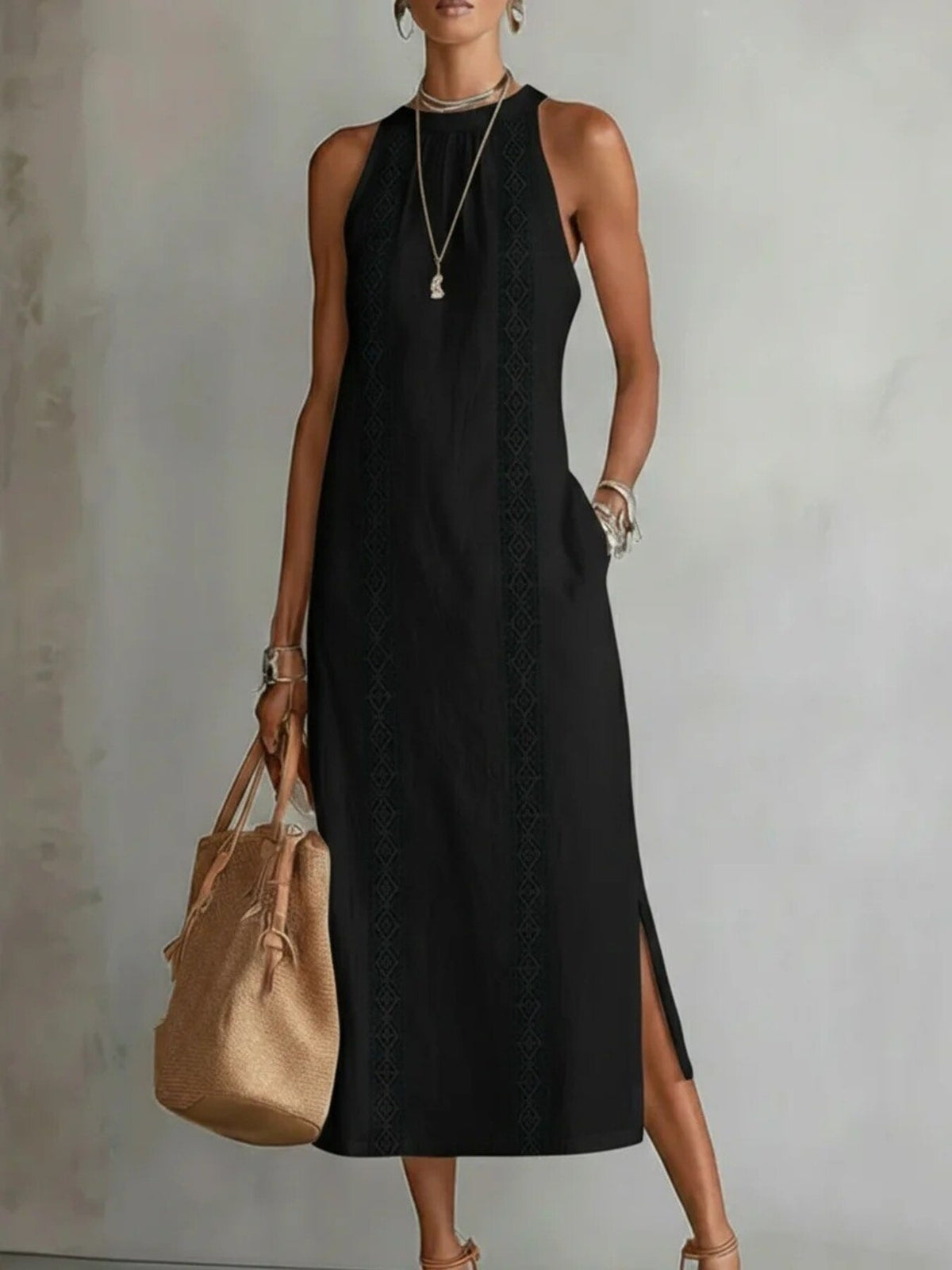 Cutout trim slit midi dress, Black, front