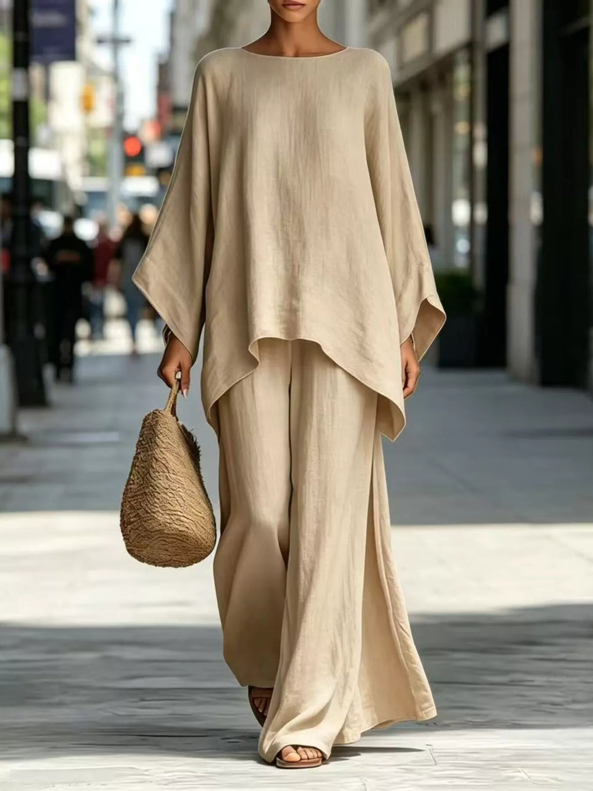Batwing top and wide-leg trouser set, Khaki