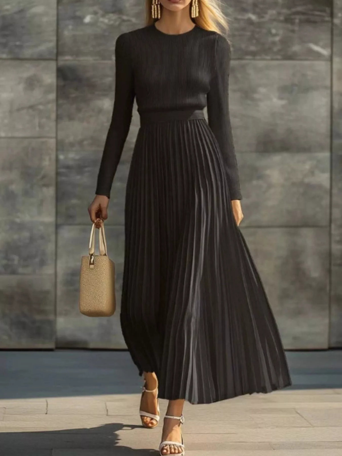 Ribbed knit pleated midi dress, Black