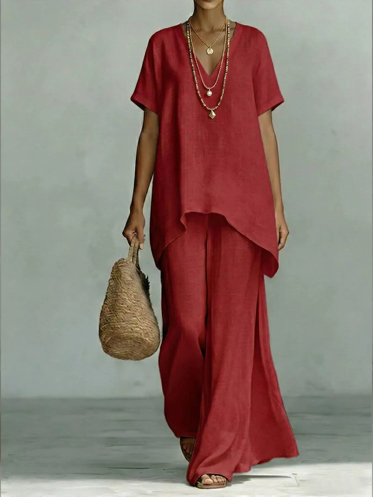 V-neck wide-leg pants set – red
