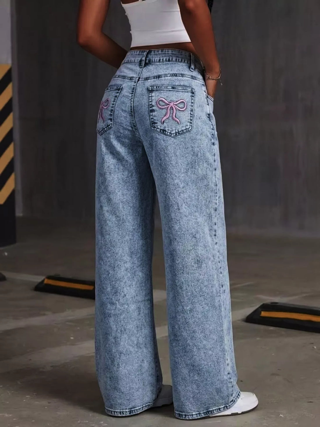 Washed wide leg jeans with embroidered bow detail, Dusty Blue