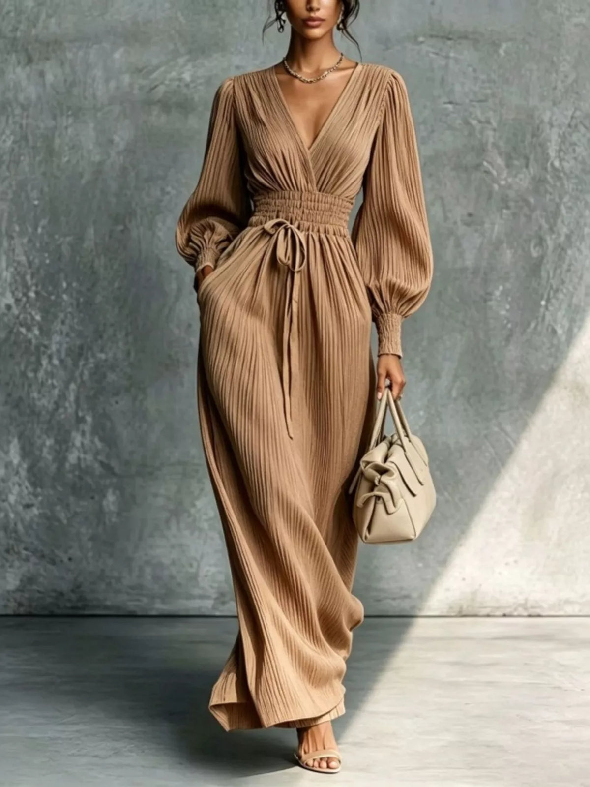 Pleated lantern-sleeve maxi dress, Caramel