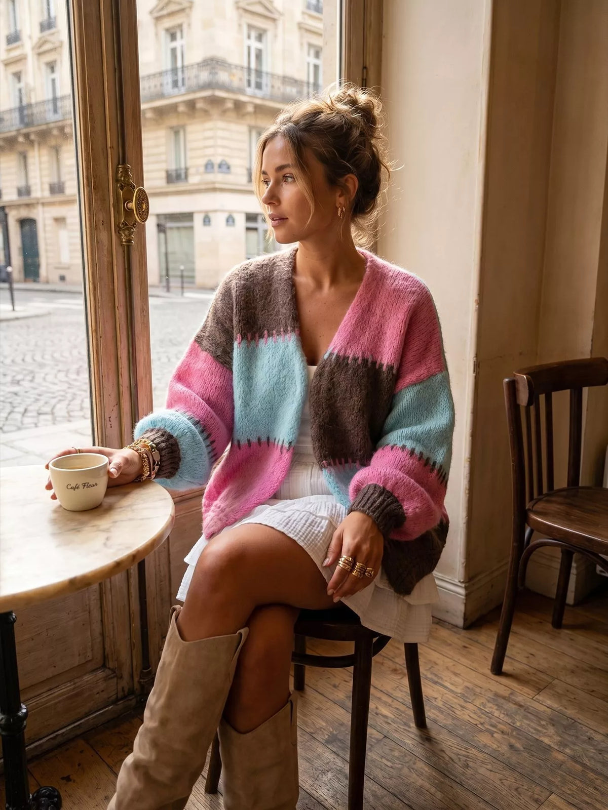Color block V neck cardigan