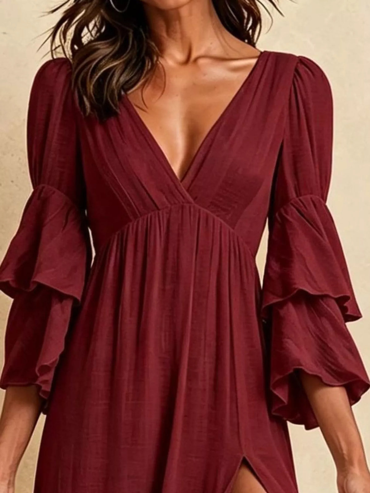 Ruffle-sleeve slit maxi dress