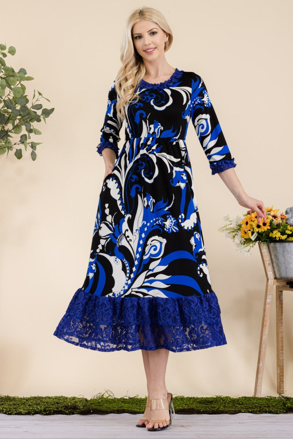 Celeste Full Size Paisley Print Lace Ruffled Midi Dress