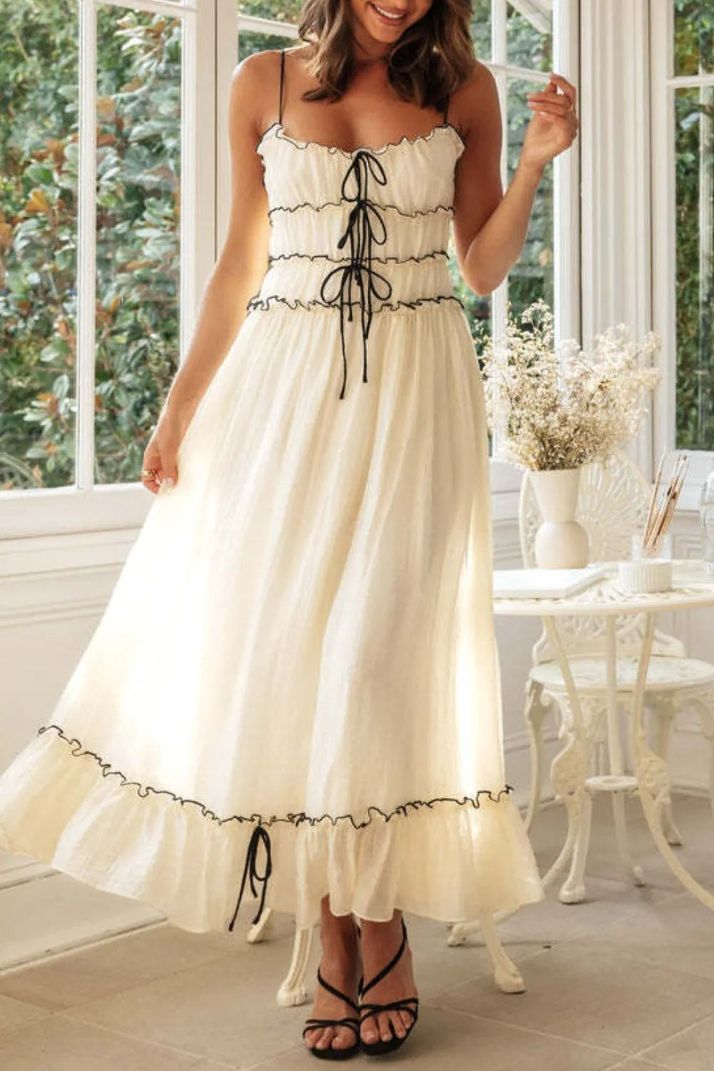 Frill tied front midi cami dress, White
