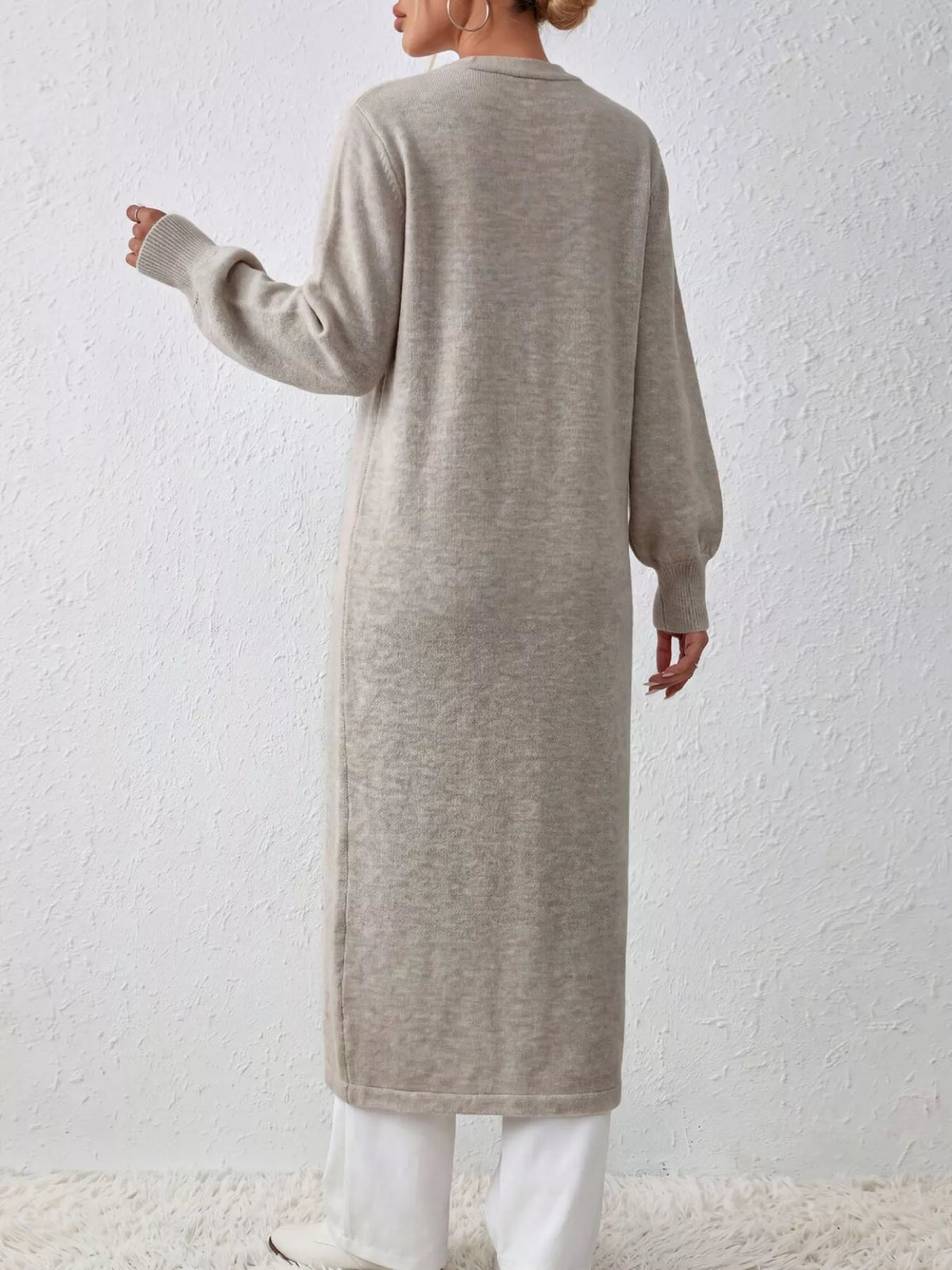 Elegant longline button-front cardigan with lantern sleeves