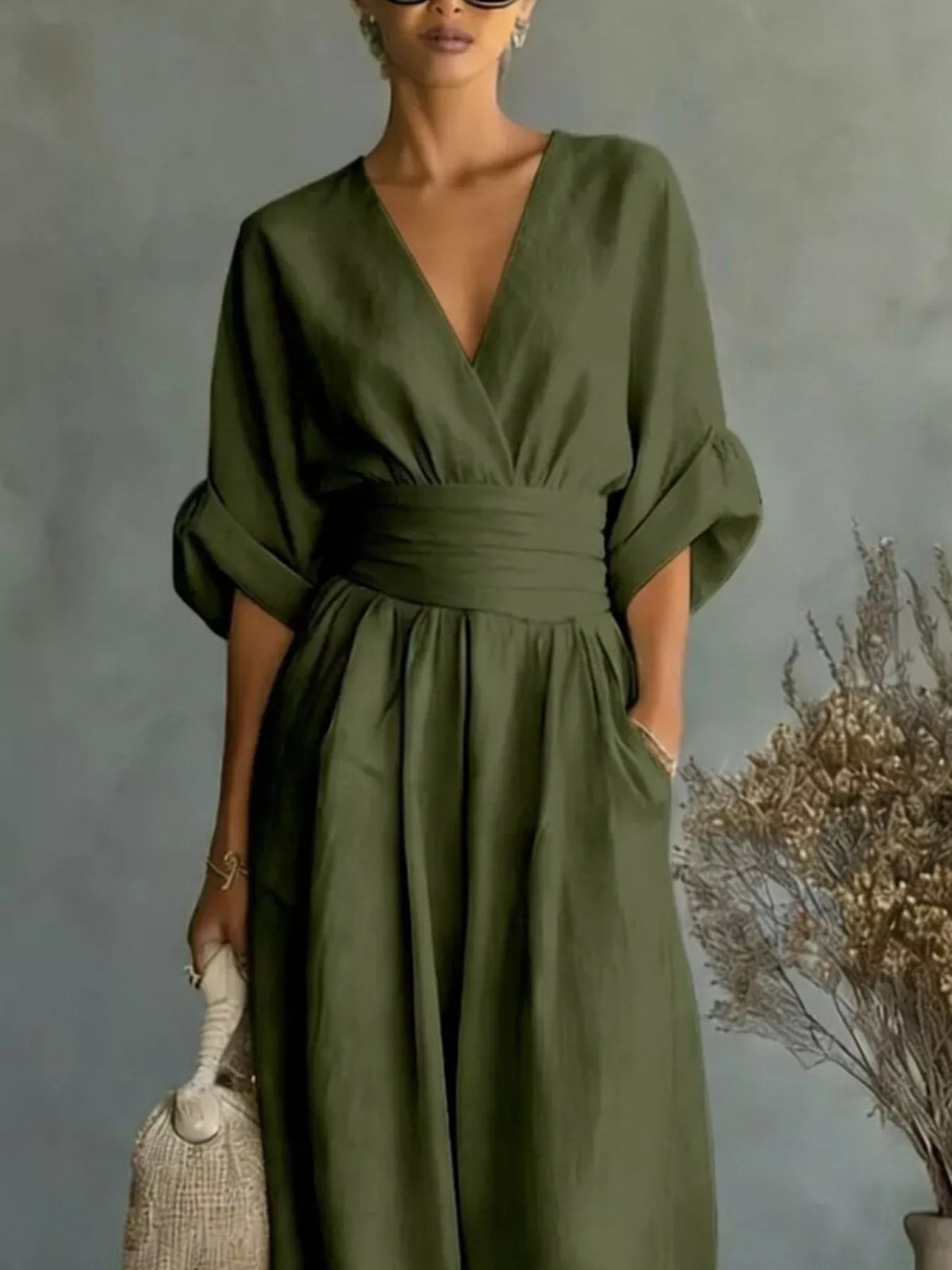 Half-sleeve wide-leg jumpsuit