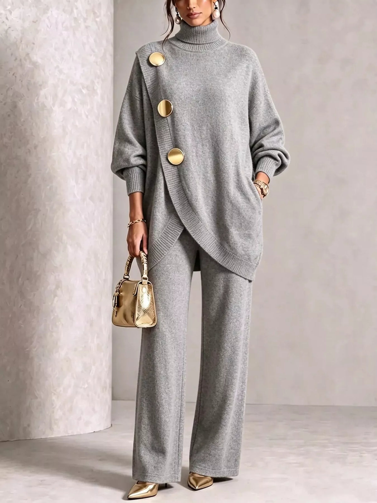 Gold button accent turtleneck sweater and pants set, Gray