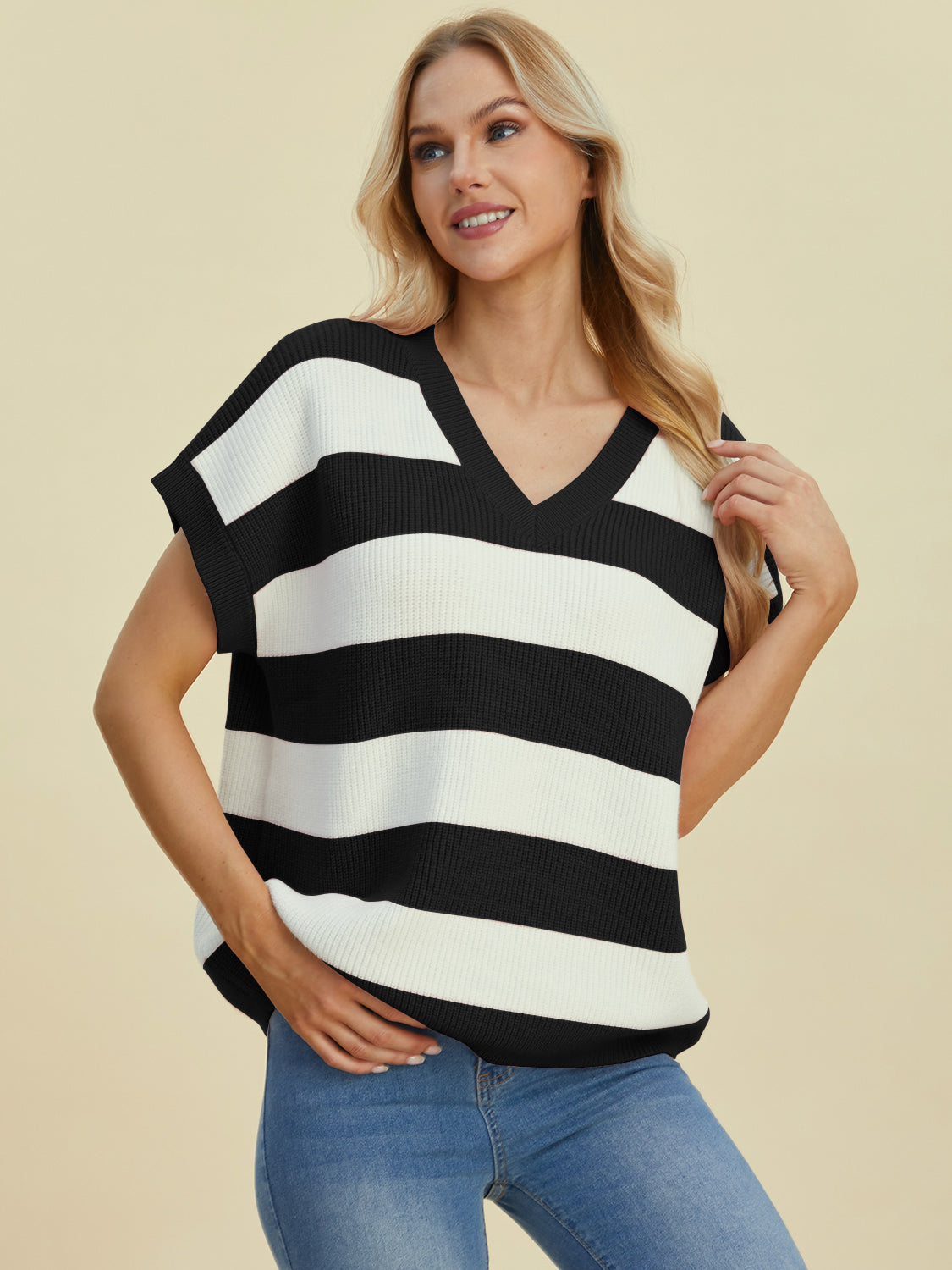 Striped V-neck short sleeve sweater