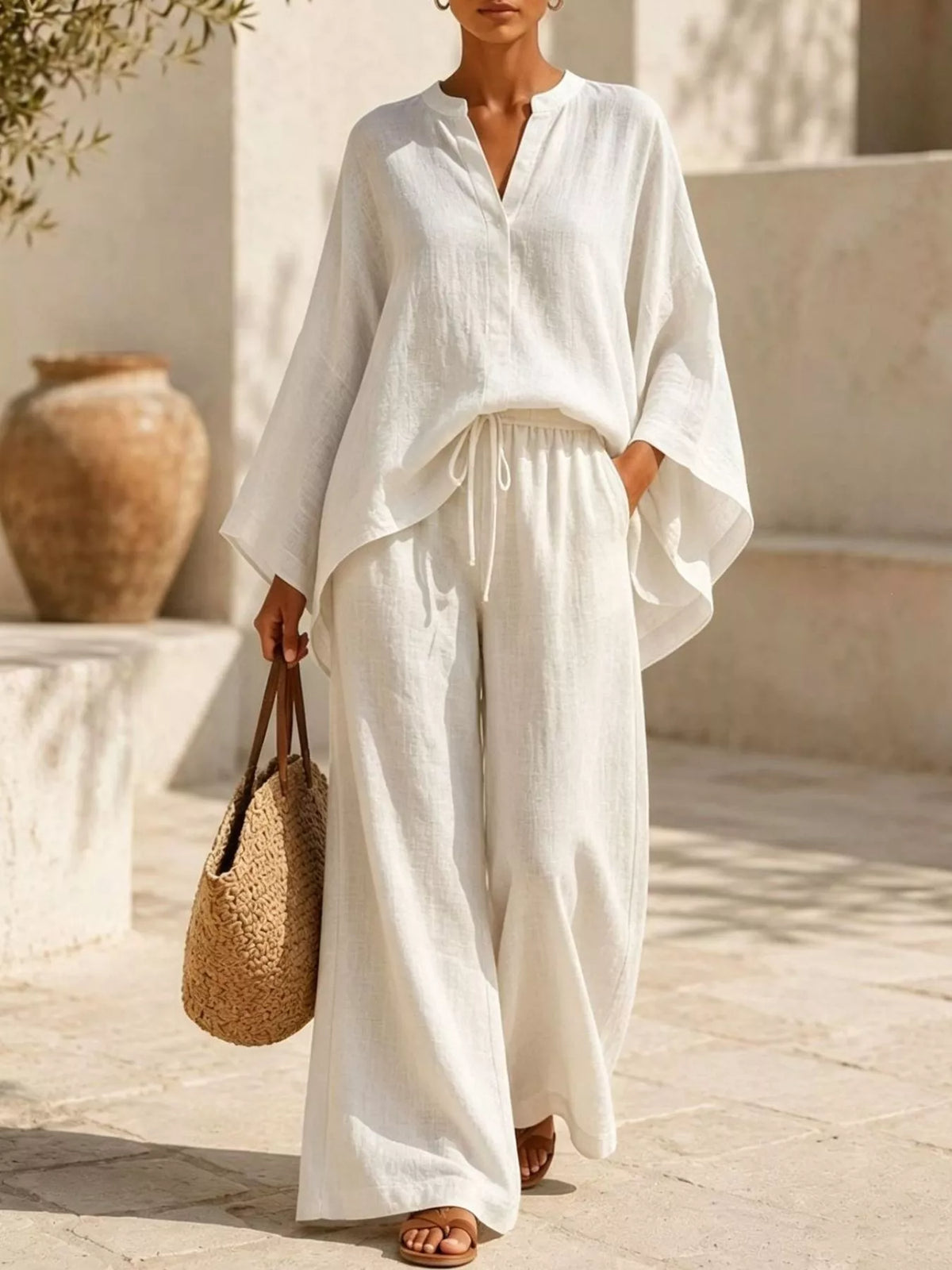Notched long sleeve top and wide-leg pants set, White