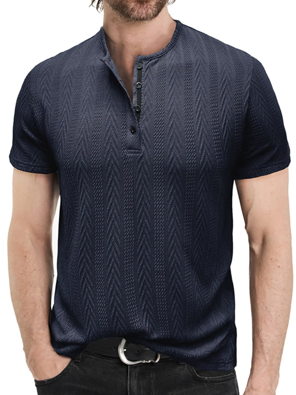 Textured chevron pattern henley polo shirt, Navy