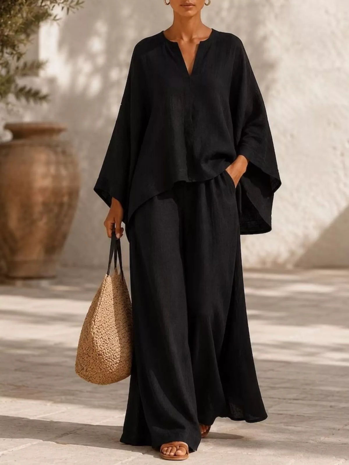 Notched long sleeve top and wide-leg pants set, Black