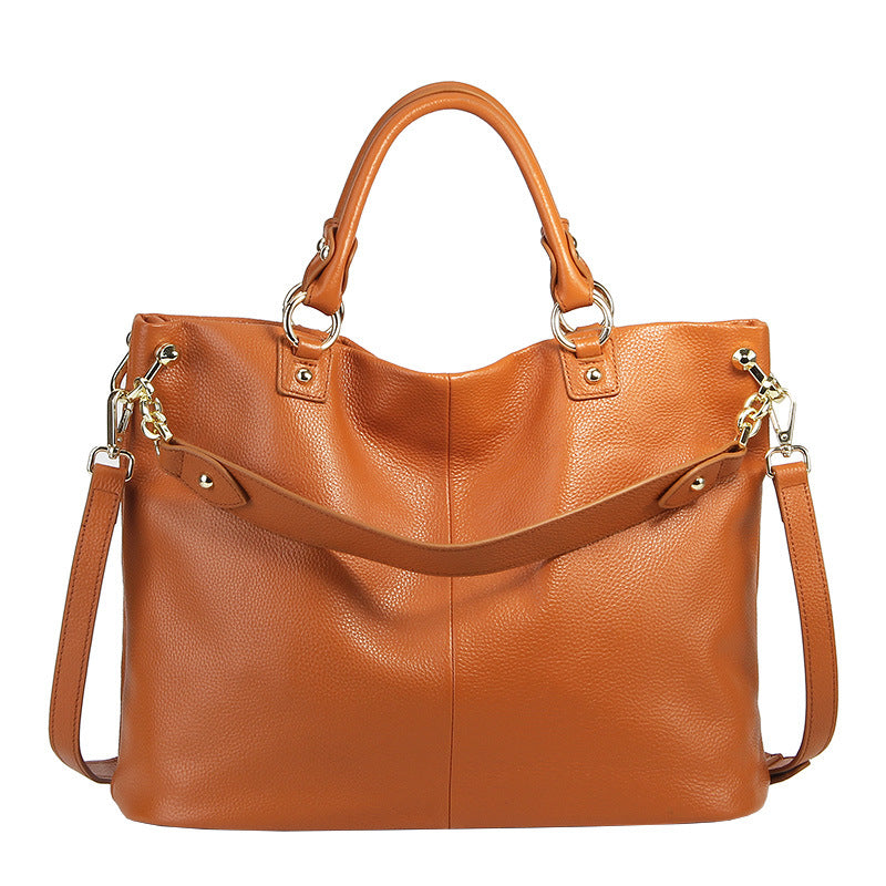 Slouchy leather top handle tote, Cognac, with long strap
