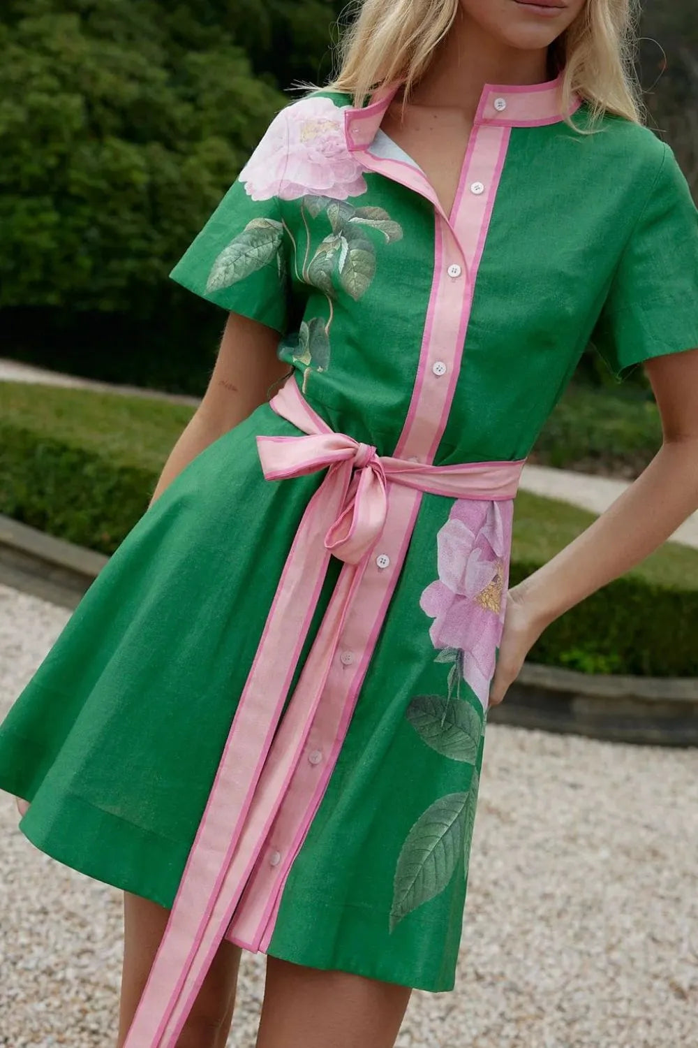 Printed tie-waist dress – dark green