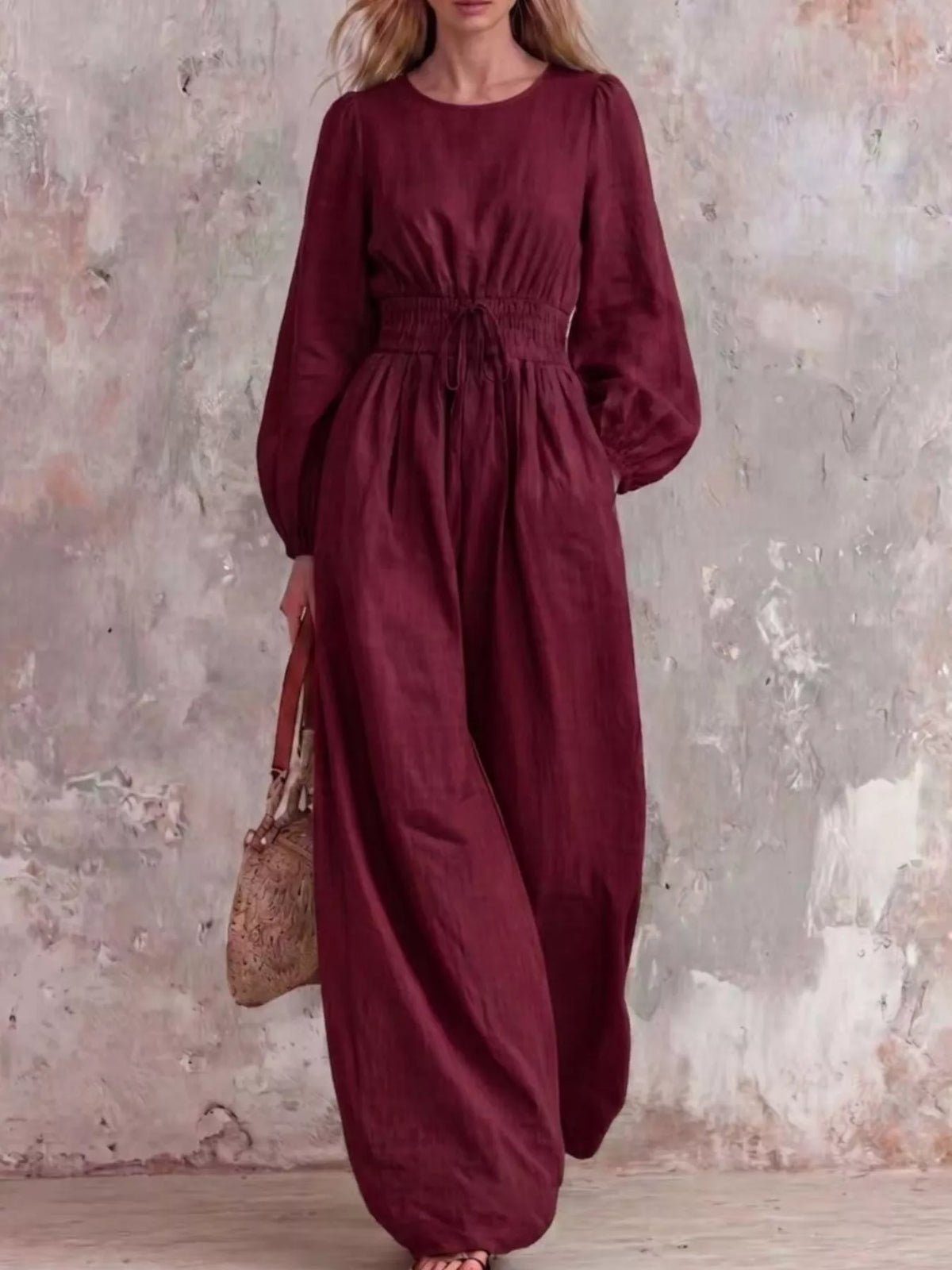 Smocked-waist long-sleeve jumpsuit – wine red