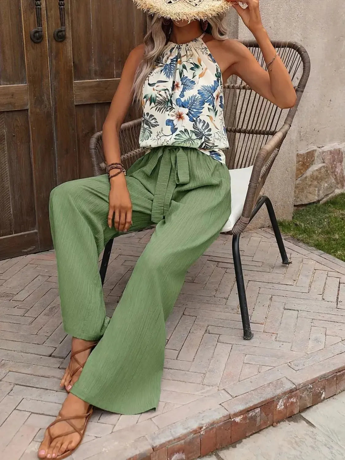Printed tank top and wide leg pants set