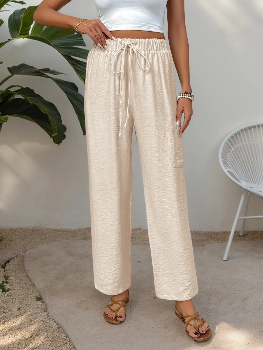Drawstring wide leg pants, Tan