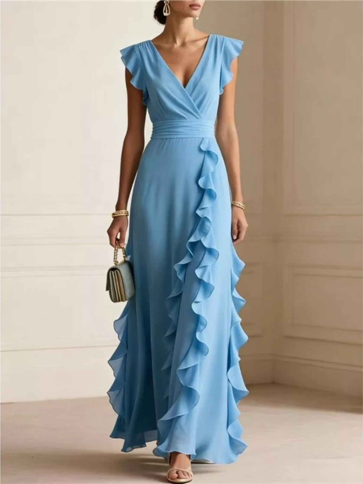 Ruffled surplice maxi dress – sky blue