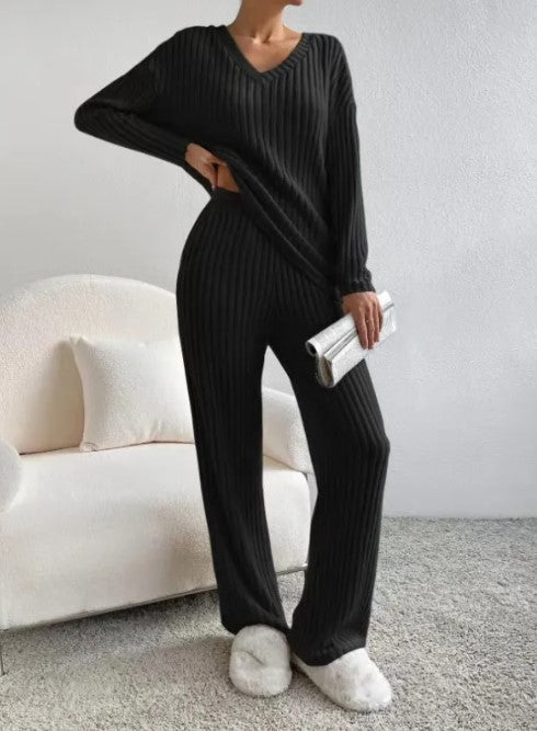 Ribbed V neck lounge set, Black, front