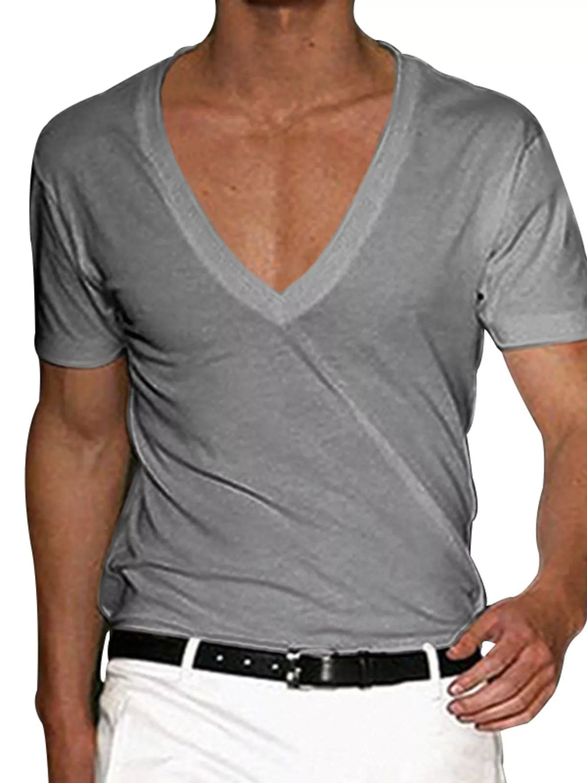 Deep V-neck tee – light gray