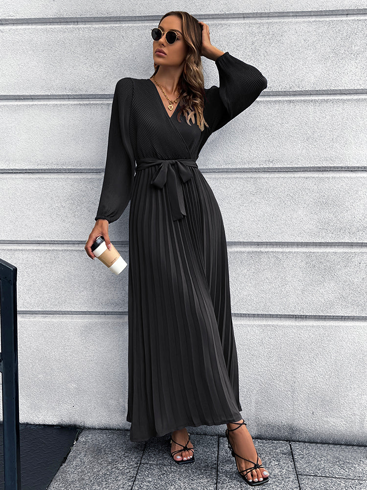 V-Neck Tie Waist Pleated Maxi Dress