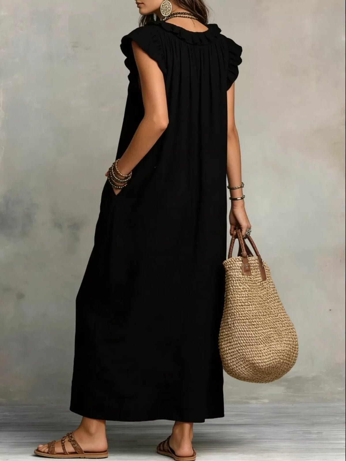 Ruffled cap-sleeve maxi dress